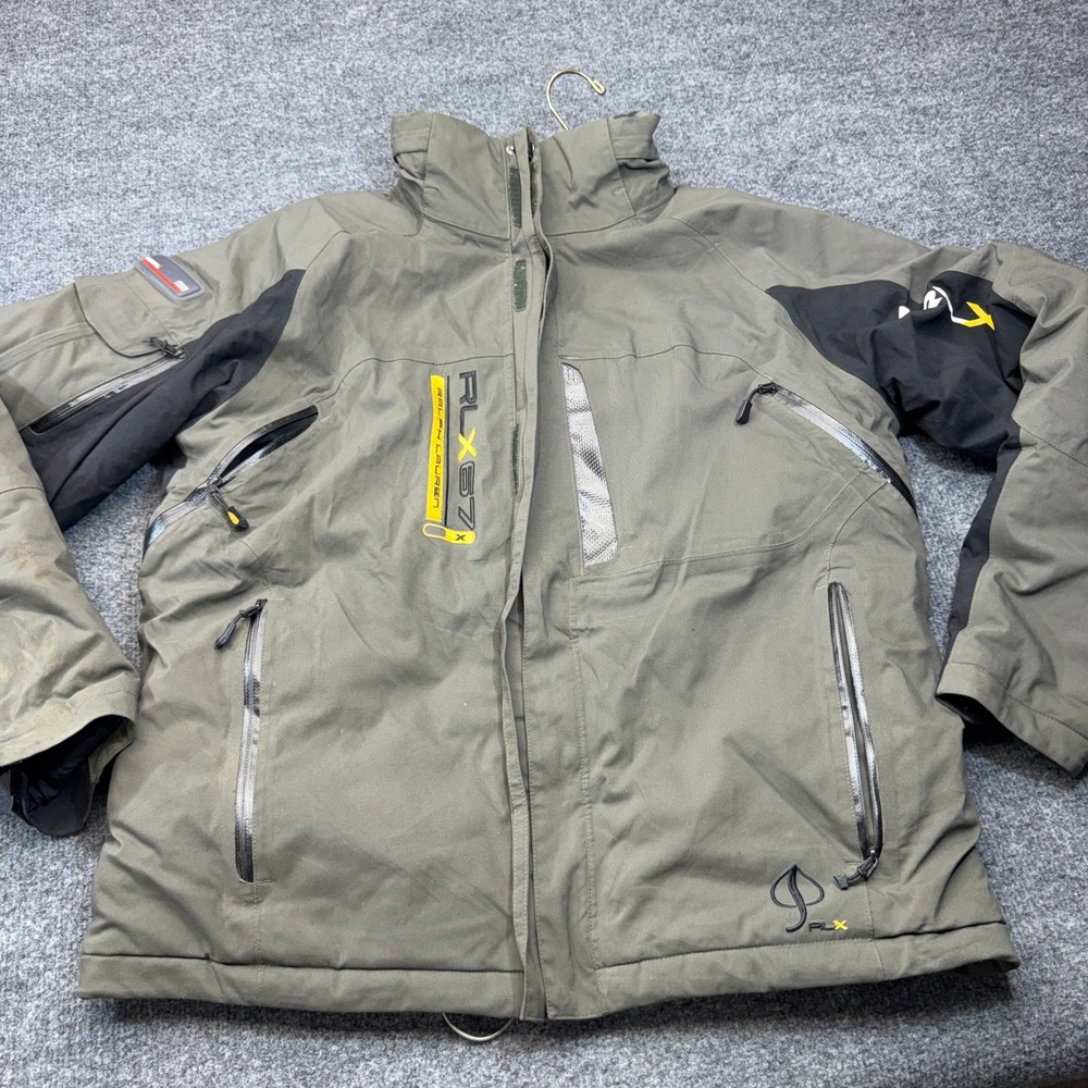RLX Ralph Lauren Ski Jacket Mens Large Green RECCO 67 Technical Snow Hooded Coat